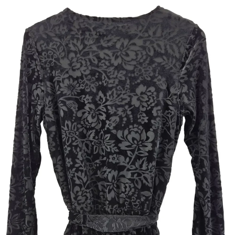 Anthropologie Saylor Romper Womens Small Black Burnout Velvet Floral Long Sleeve